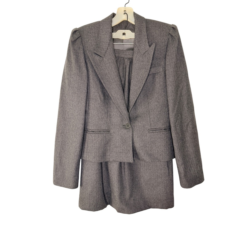 Vintage Pure Wool Skirt Suit Gray Blazer Midi Skirt Set 2pc Size 6 Office Siren